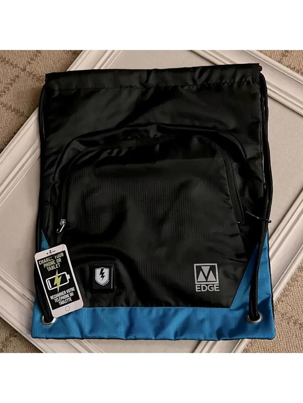 M Edge Tech Sackpack with Rechargeable portable phone battery NWT BLACK/ Blue